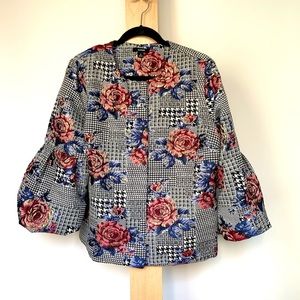 Alfani floral & houndstooth balloon sleeve jacket
